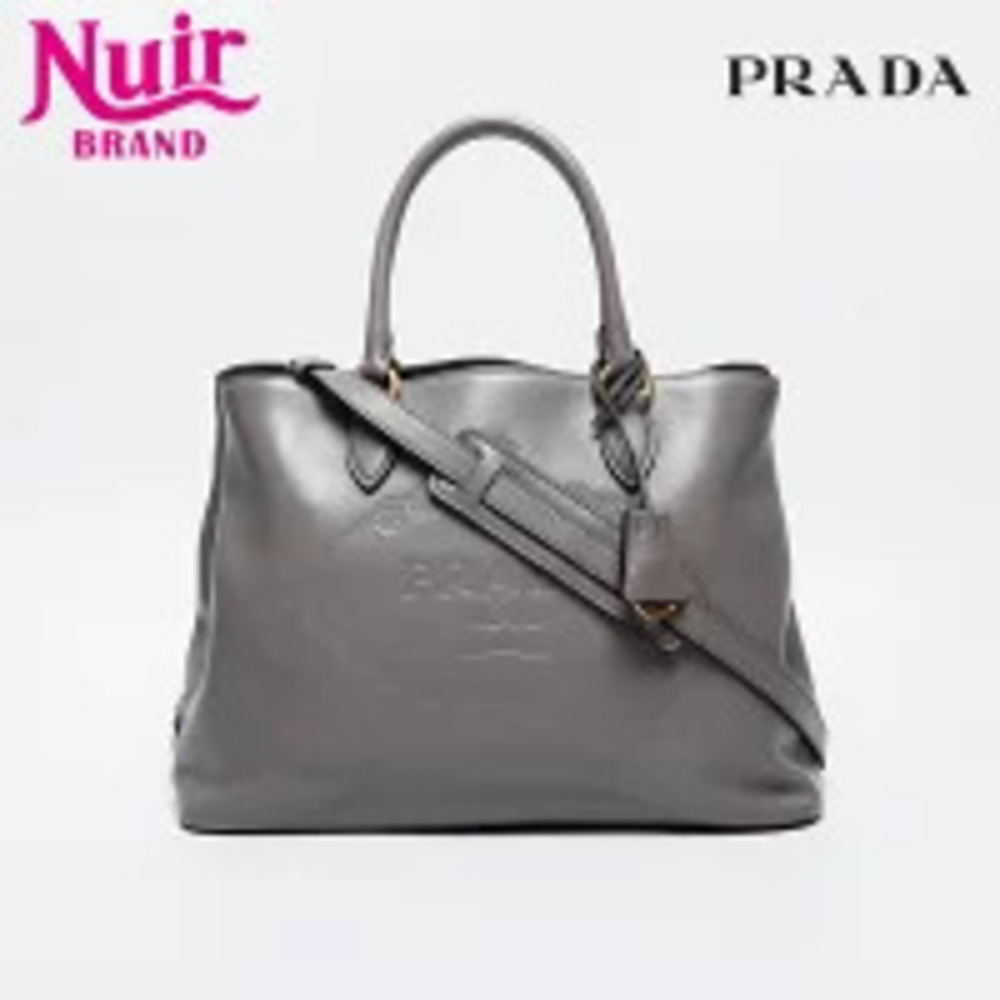 Prada Logo Embossed Leather Handbag Gray